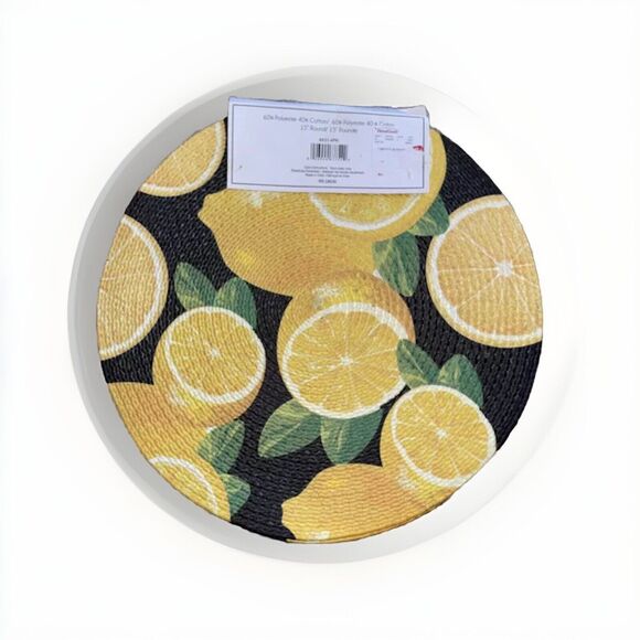 Round 15" Placemats Woven Lemon Table Farmhouse Country Decor Yellow Black x4 - Picture 1 of 7